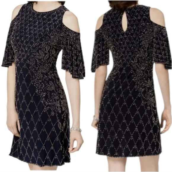 Xscape Embellished Cold-Shoulder Dress - Blue 10